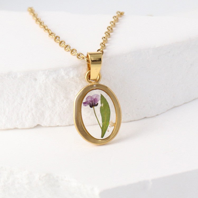 Dainty Pressed Flower Oval Necklace