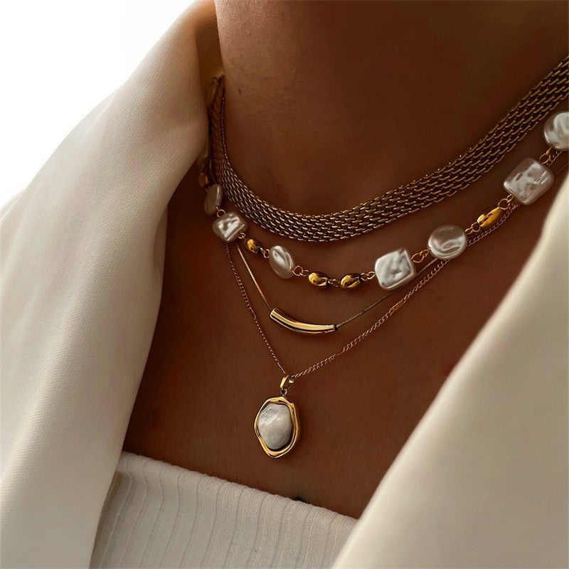 Classy Layered Faux Pearl & Geometric Pendant Necklace