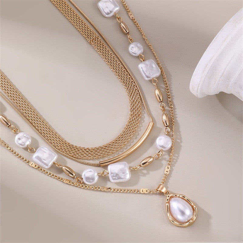 Classy Layered Faux Pearl & Geometric Pendant Necklace