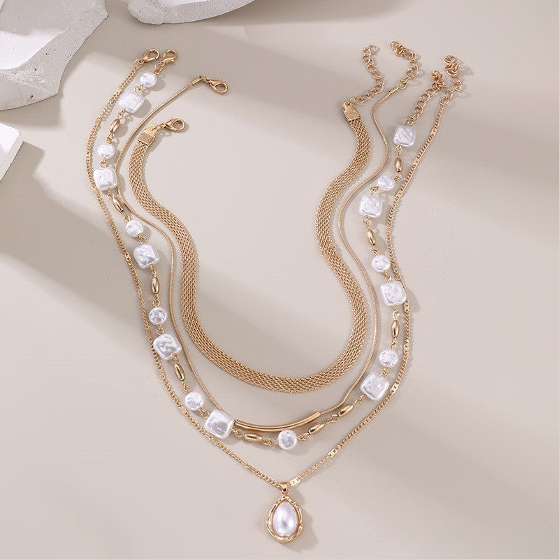 Classy Layered Faux Pearl & Geometric Pendant Necklace
