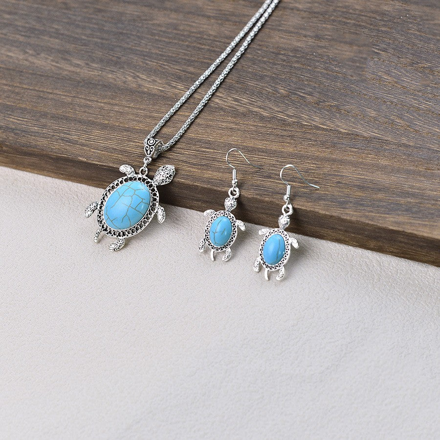Boho Vintage Turquoise Turtle Necklace, Bracelet & Earring Set