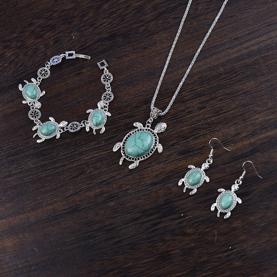 Boho Vintage Turquoise Turtle Necklace, Bracelet & Earring Set