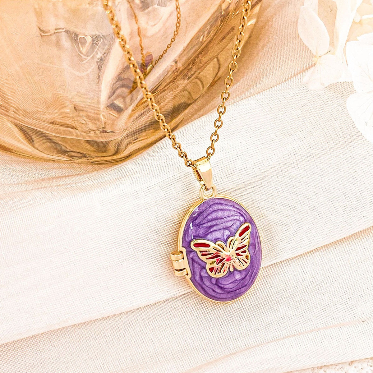 Romantic Enamel Butterfly Photo Locket Necklace