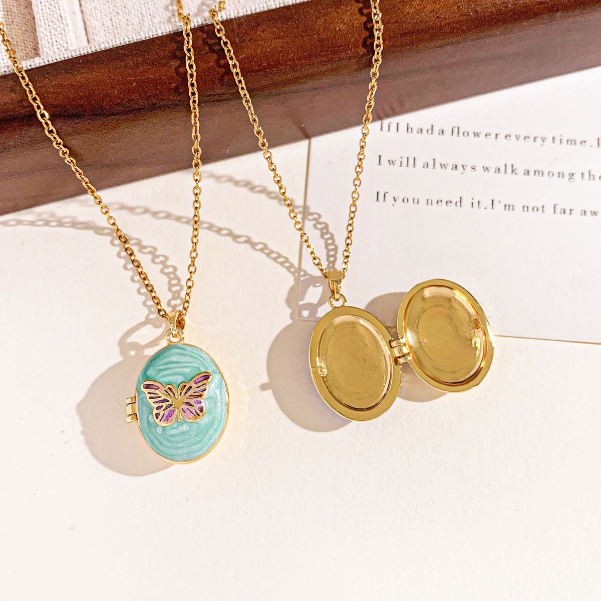 Romantic Enamel Butterfly Photo Locket Necklace