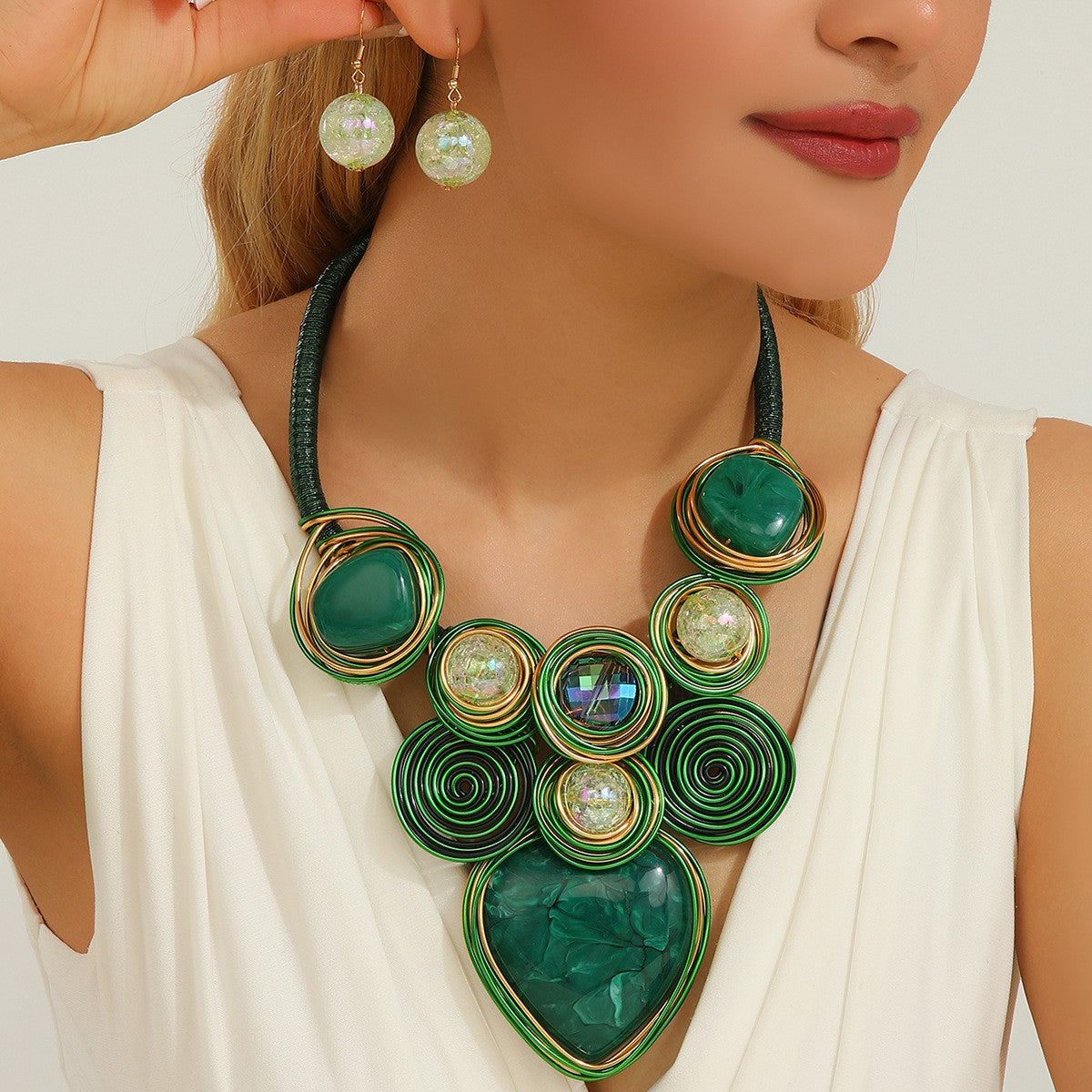 Boho Green Wire Spiral Necklace & Earring Set
