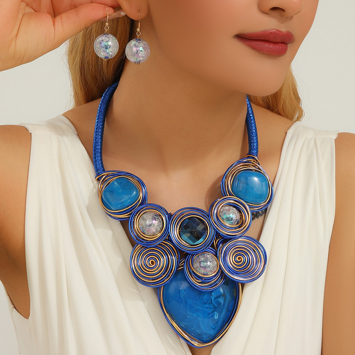 Boho Green Wire Spiral Necklace & Earring Set