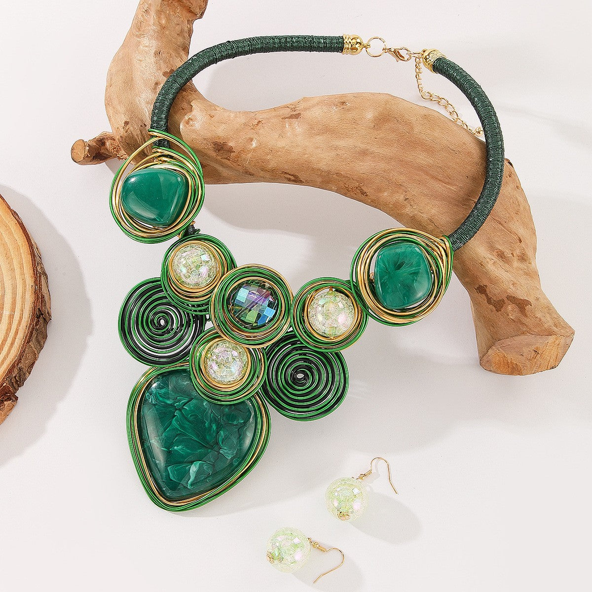 Boho Green Wire Spiral Necklace & Earring Set