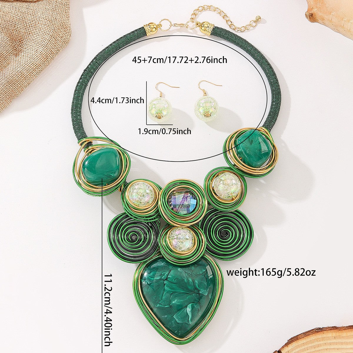 Boho Green Wire Spiral Necklace & Earring Set