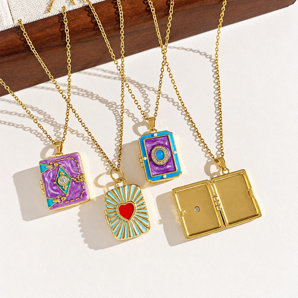 Dainty Enamel Book Locket Necklace