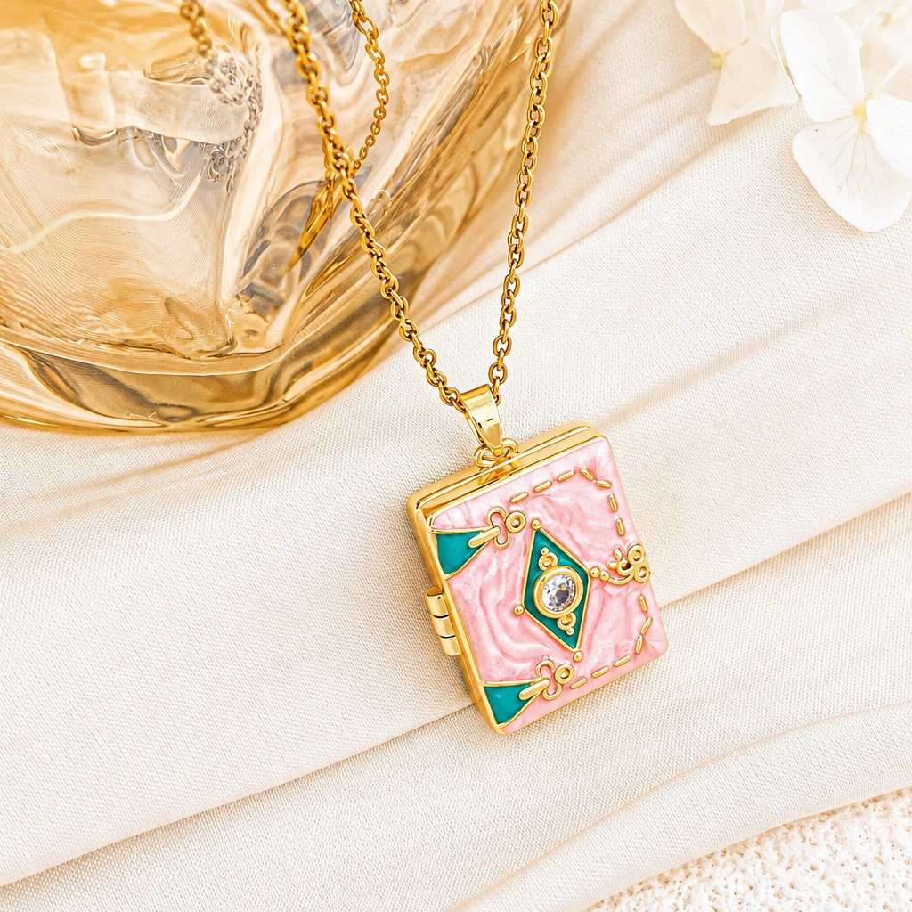 Dainty Enamel Book Locket Necklace