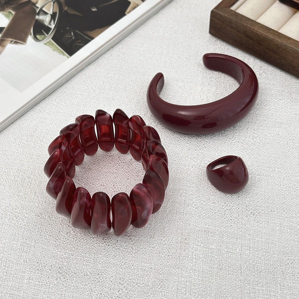 Classy Burgundy Wavy Resin Bracelet & Ring Set
