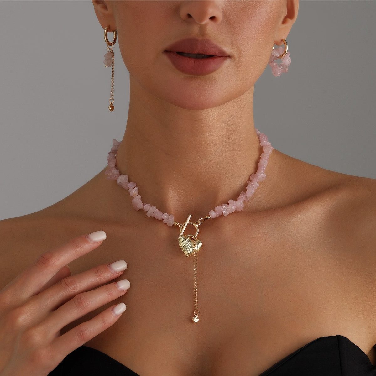Romantic Pink Stone Heart OT Necklace & Earring Set