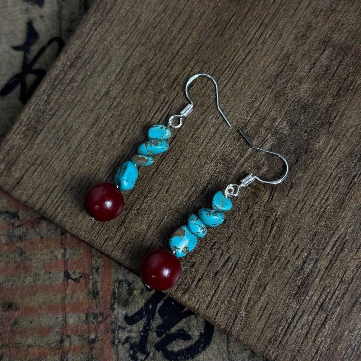 Boho Raw Turquoise Red Bead Dangle Earrings