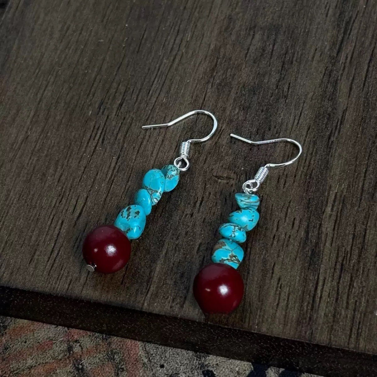 Boho Raw Turquoise Red Bead Dangle Earrings