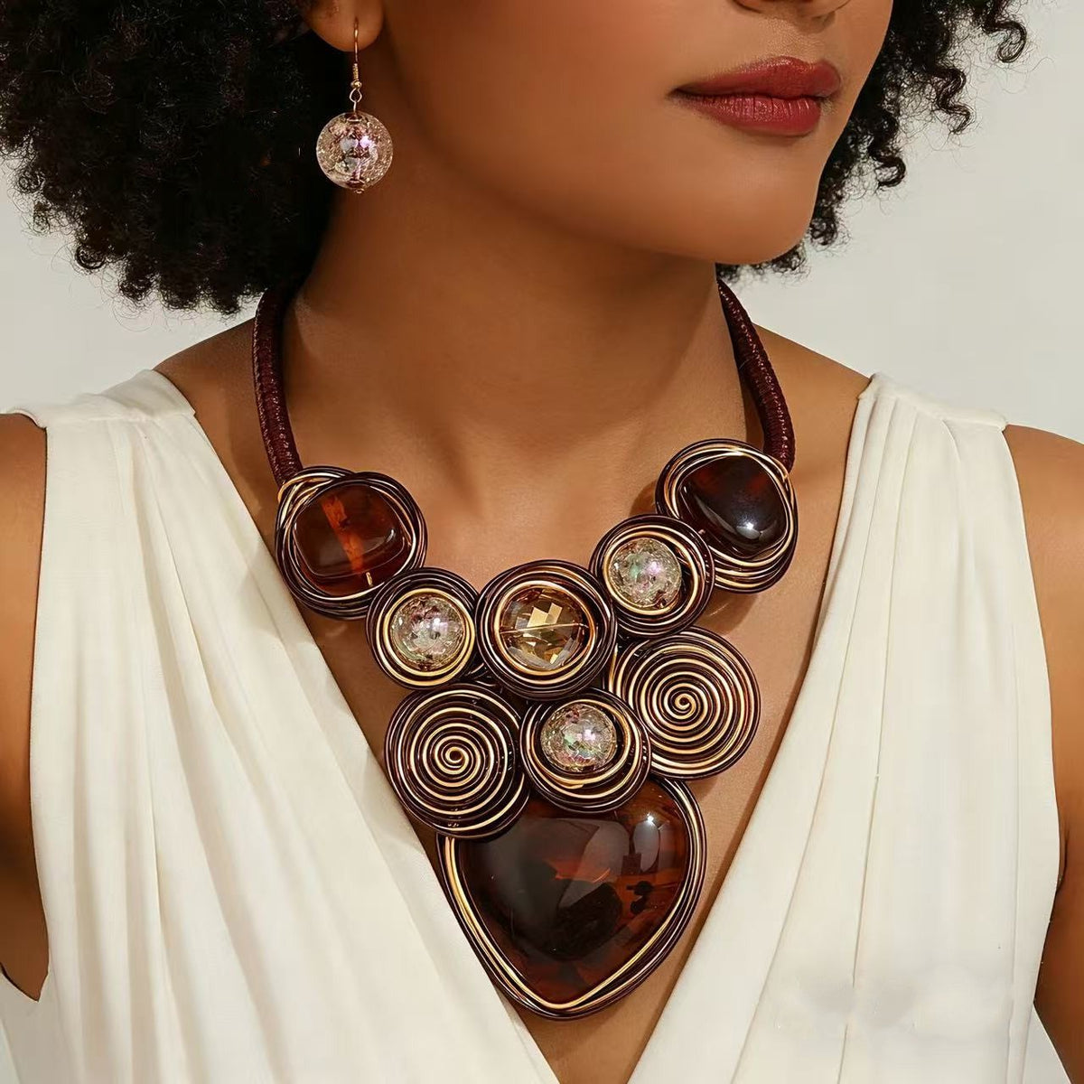 Boho Amber Wire Spiral Necklace & Earring Set