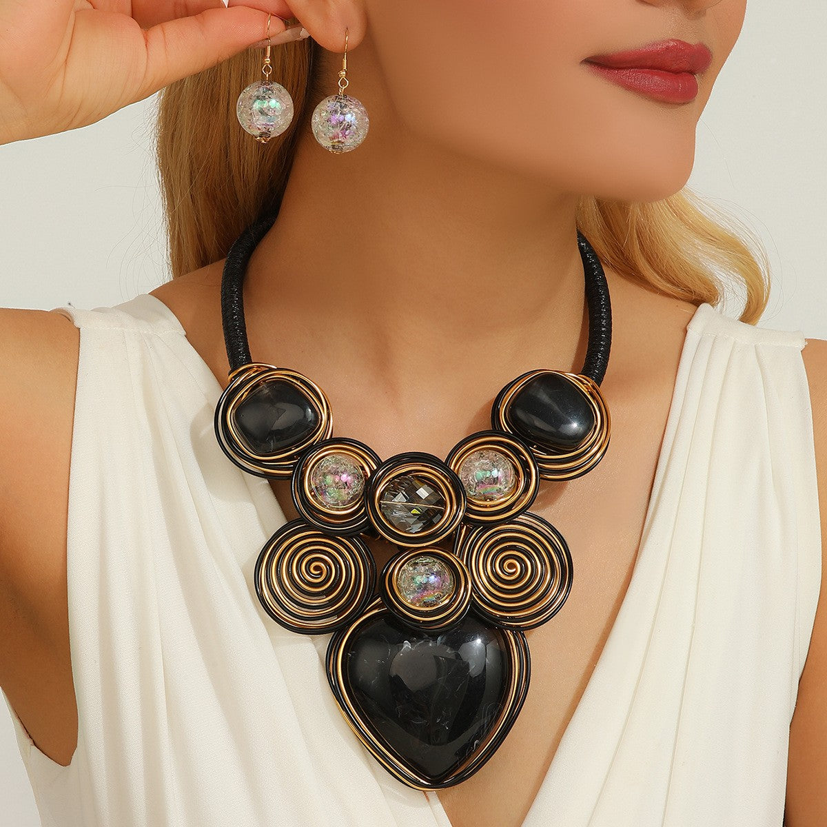 Boho Amber Wire Spiral Necklace & Earring Set