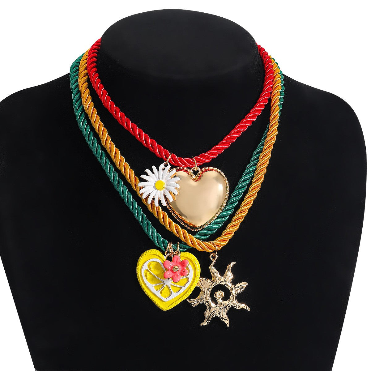 Boho Layered Cord Heart & Sun Necklace