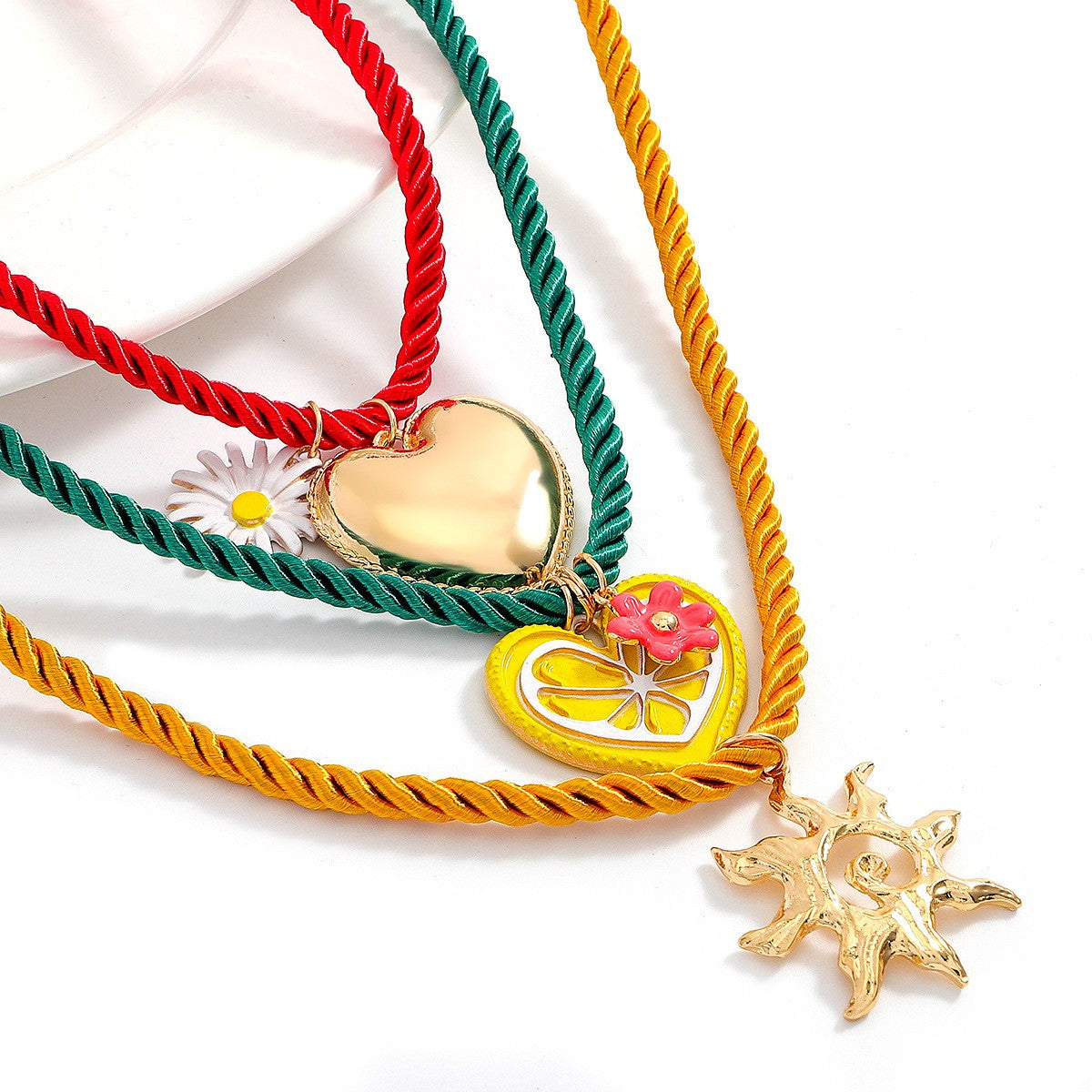 Boho Layered Cord Heart & Sun Necklace