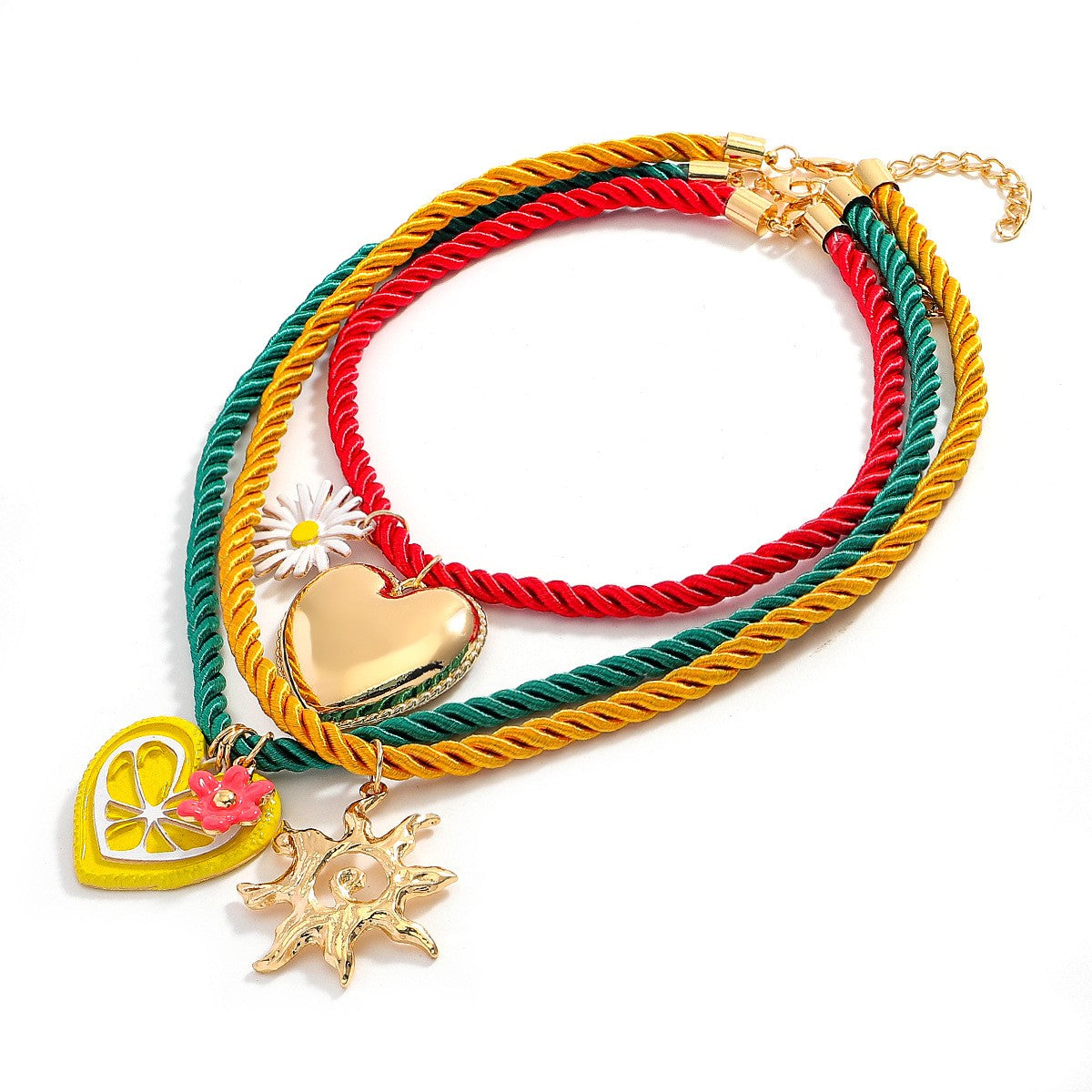 Boho Layered Cord Heart & Sun Necklace