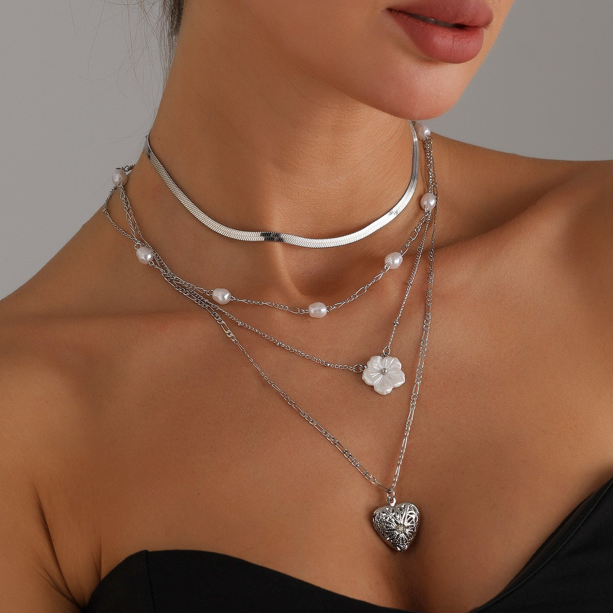 Layered Pearl Floral Heart Necklace