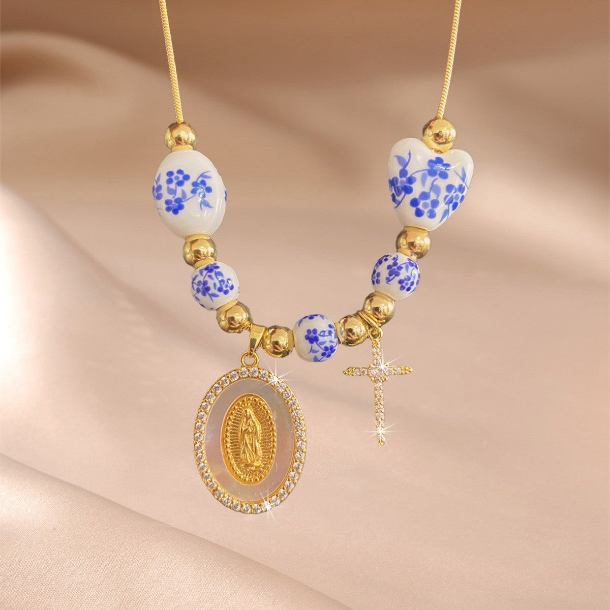 Boho Blue Floral Medallion Necklace