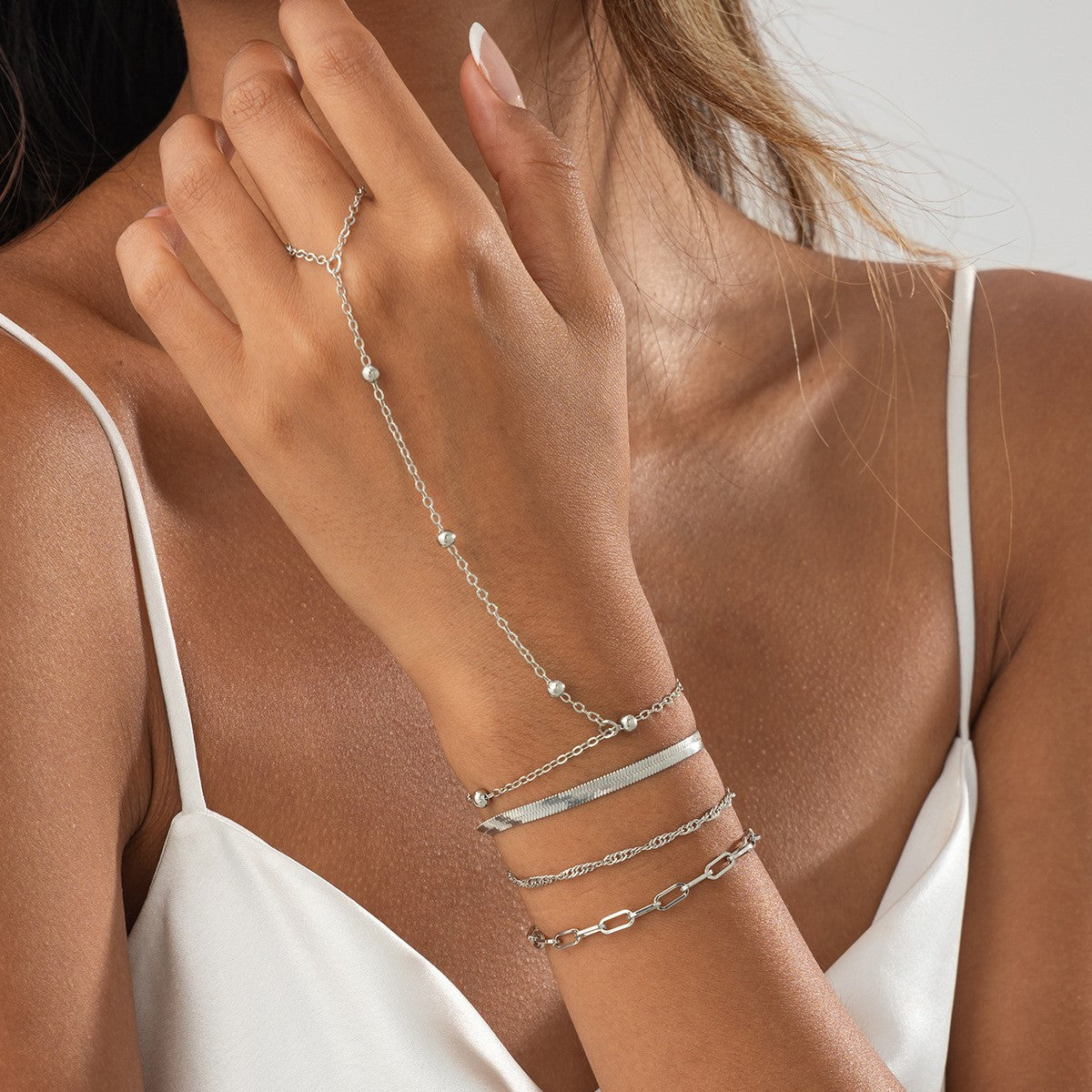 Dainty Layered Pearl Finger Chain Bracelet