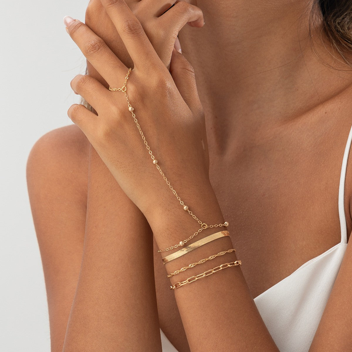 Dainty Layered Pearl Finger Chain Bracelet