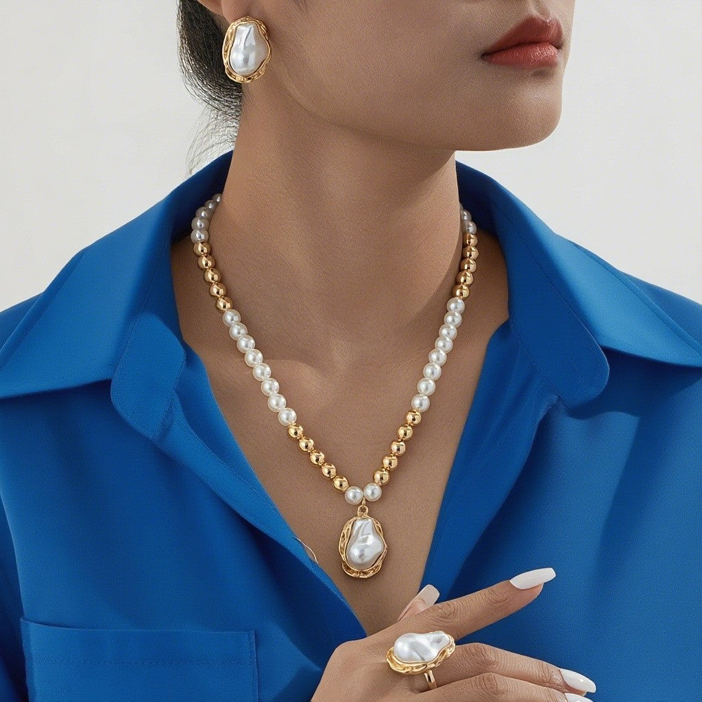 3pc Vintage Irregular Faux Pearl Necklace, Earring & Ring Set