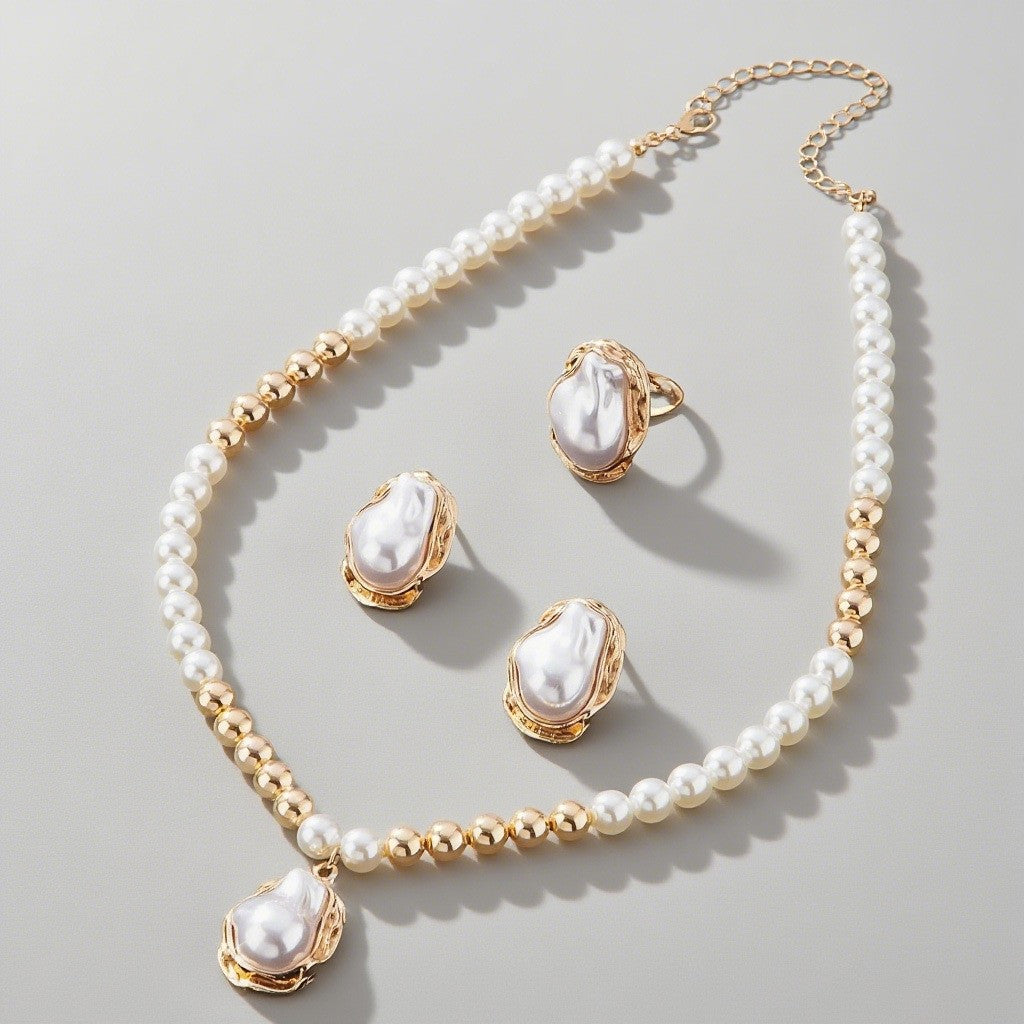 3pc Vintage Irregular Faux Pearl Necklace, Earring & Ring Set