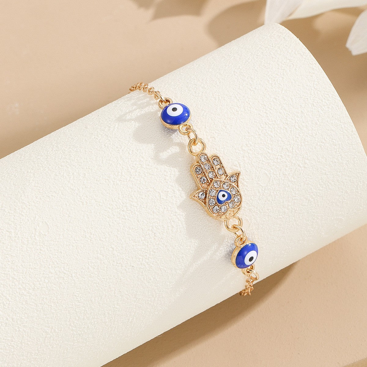 Dainty Rhinestone Hamsa & Evil Eye Bracelet