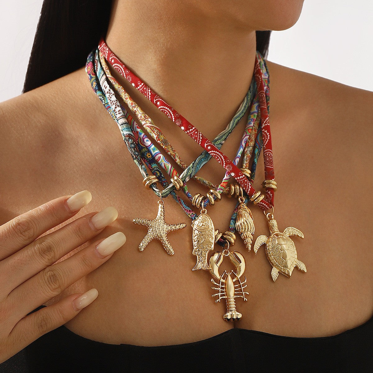 Boho Printed Fabric Ocean Charm Necklace