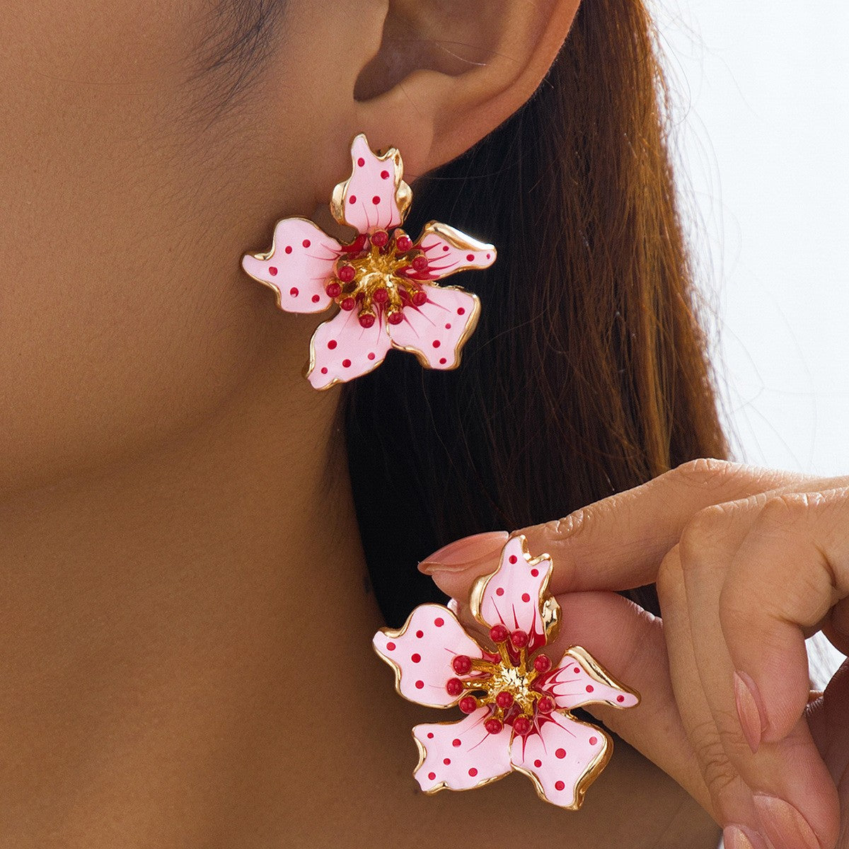 Romantic Pink Polka Dot Flower Earrings