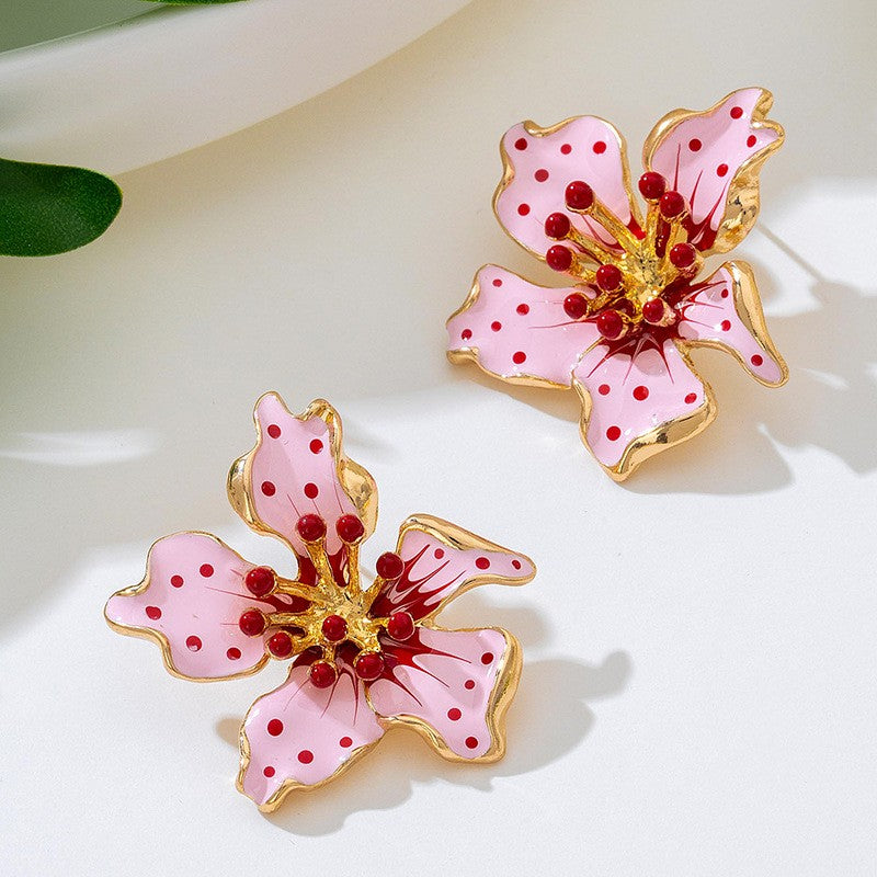 Romantic Pink Polka Dot Flower Earrings