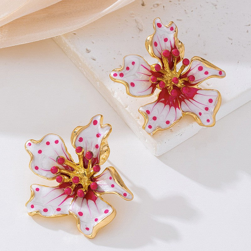 Romantic Pink Polka Dot Flower Earrings