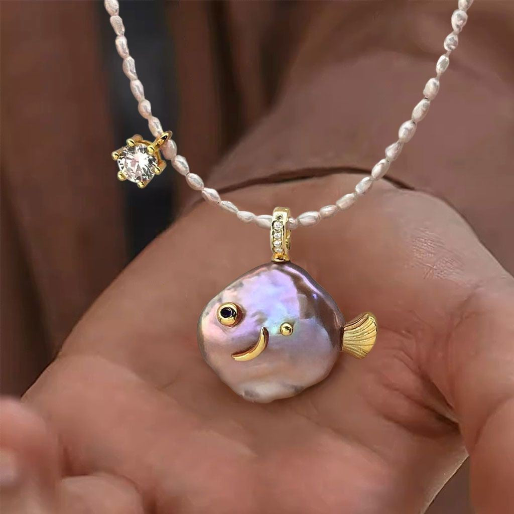 Cute Iridescent Baroque Pearl Fish Necklace
