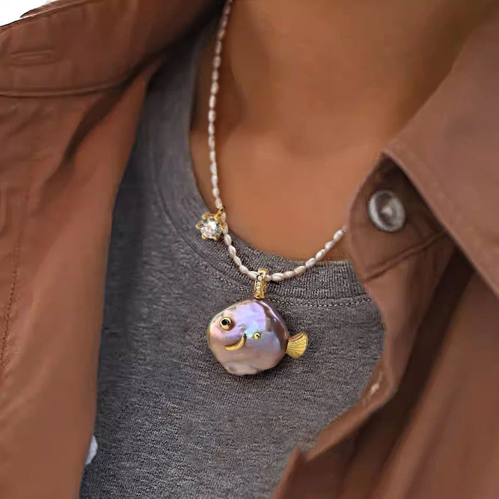 Cute Iridescent Baroque Pearl Fish Necklace