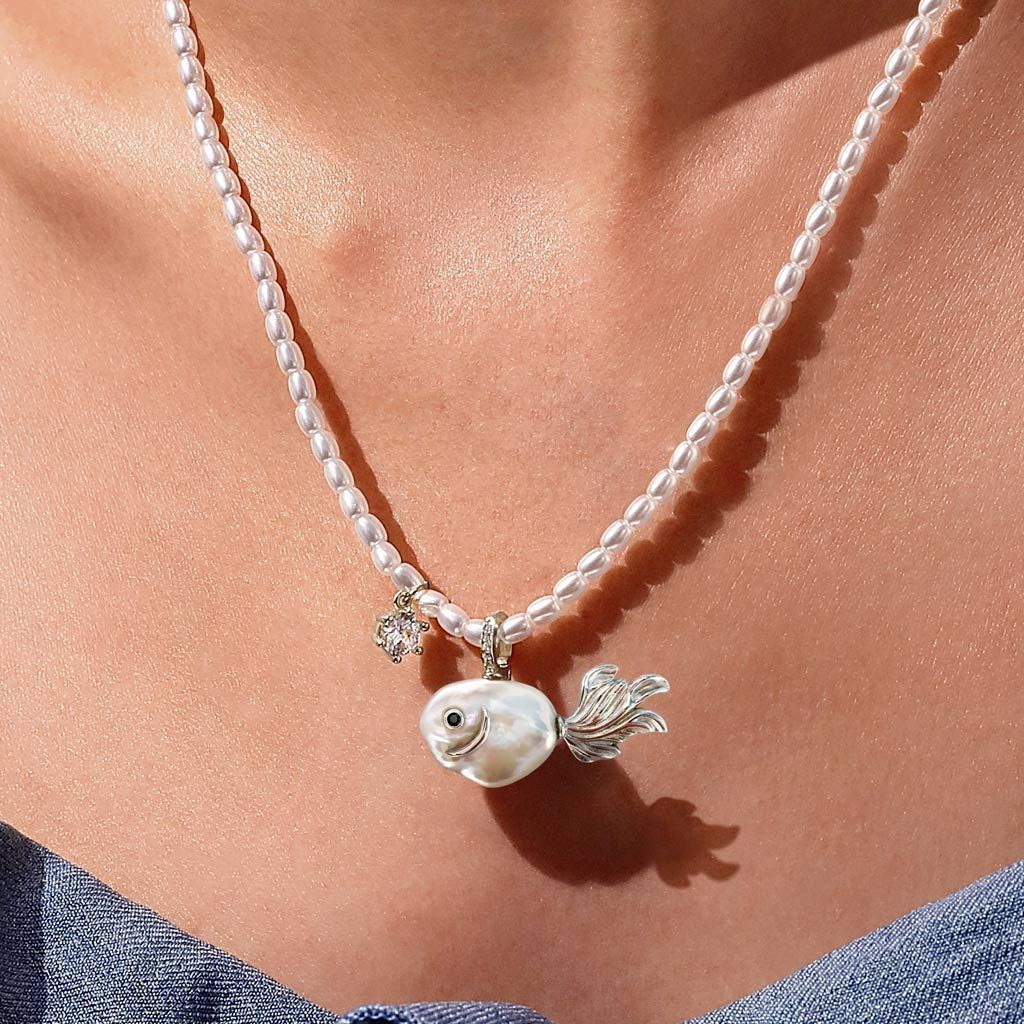 Cute Iridescent Baroque Pearl Fish Necklace