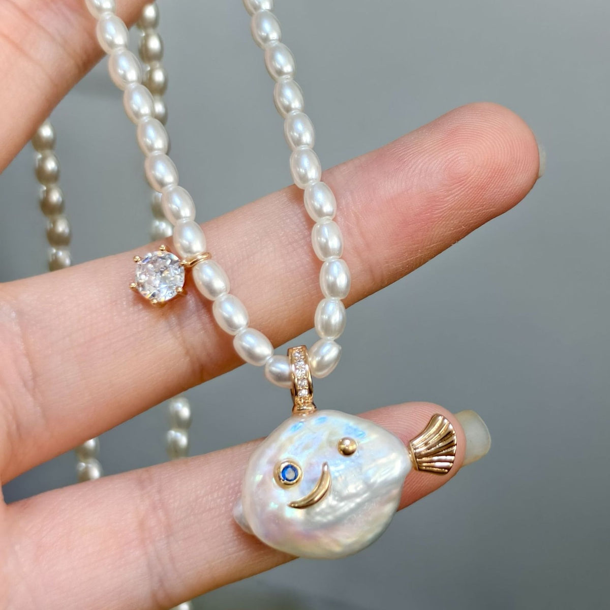 Cute Iridescent Baroque Pearl Fish Necklace