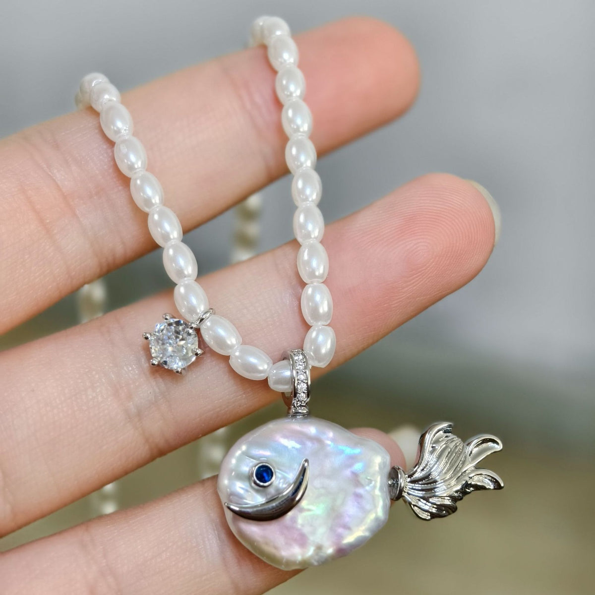 Cute Iridescent Baroque Pearl Fish Necklace