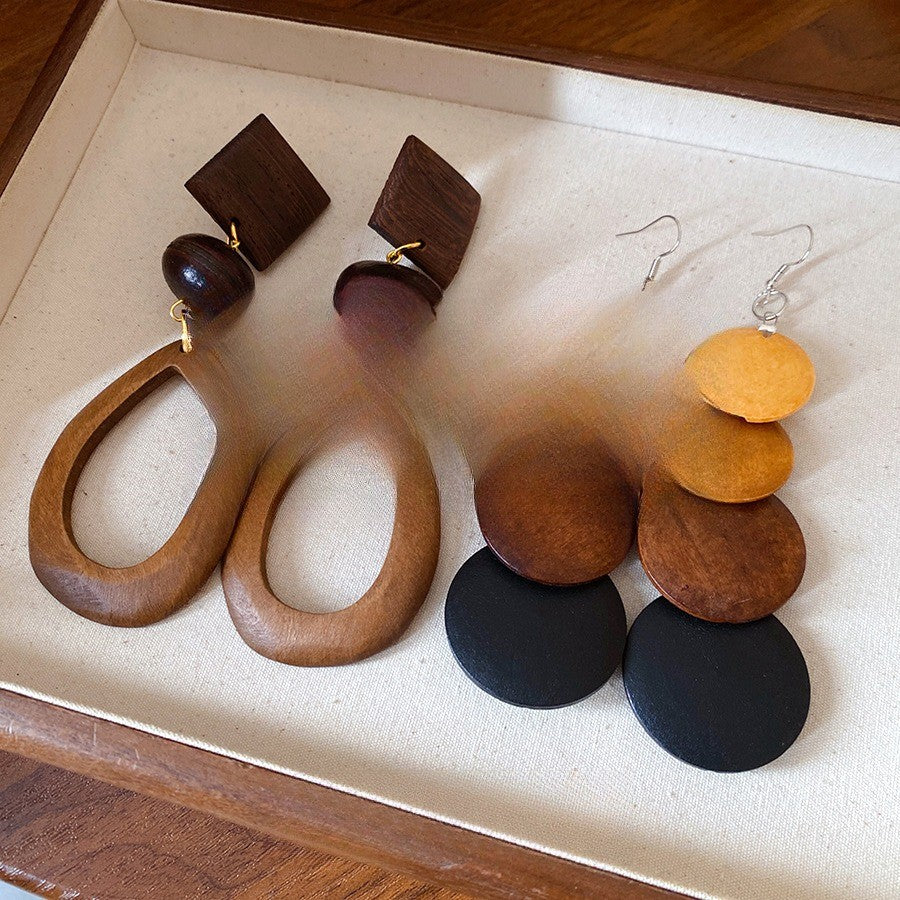 S925 Vintage Geometric Wooden Dangle Earrings