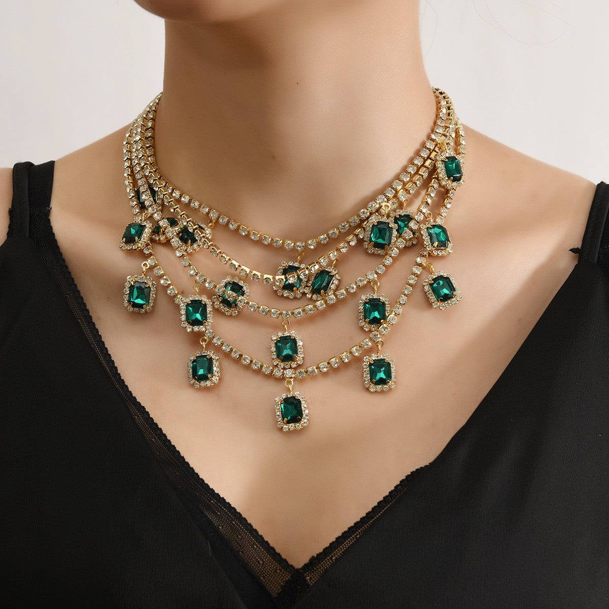 Classy Emerald Octagon Multi-Layer Necklace