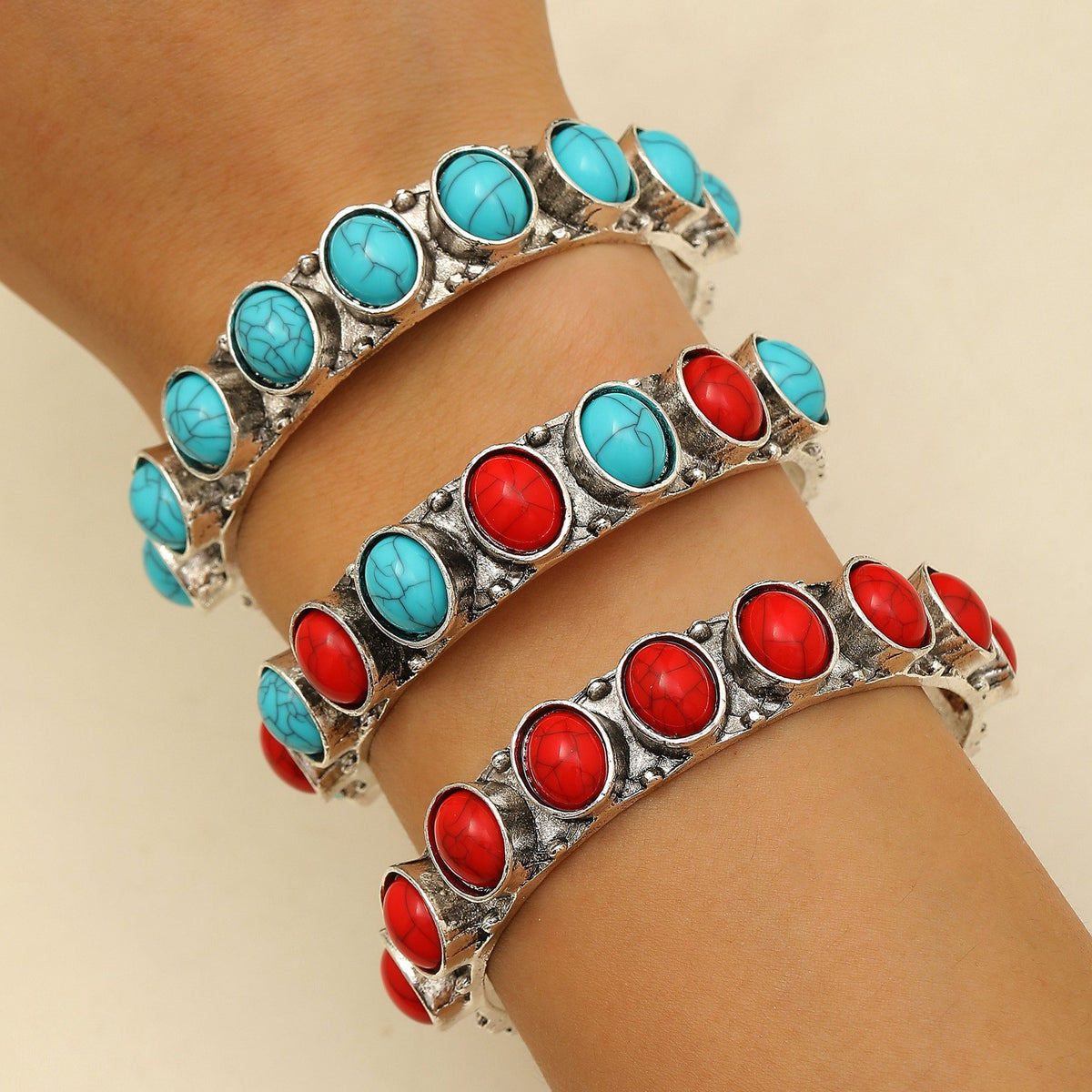Boho Vintage Turquoise & Red Stone Cuff Bracelet