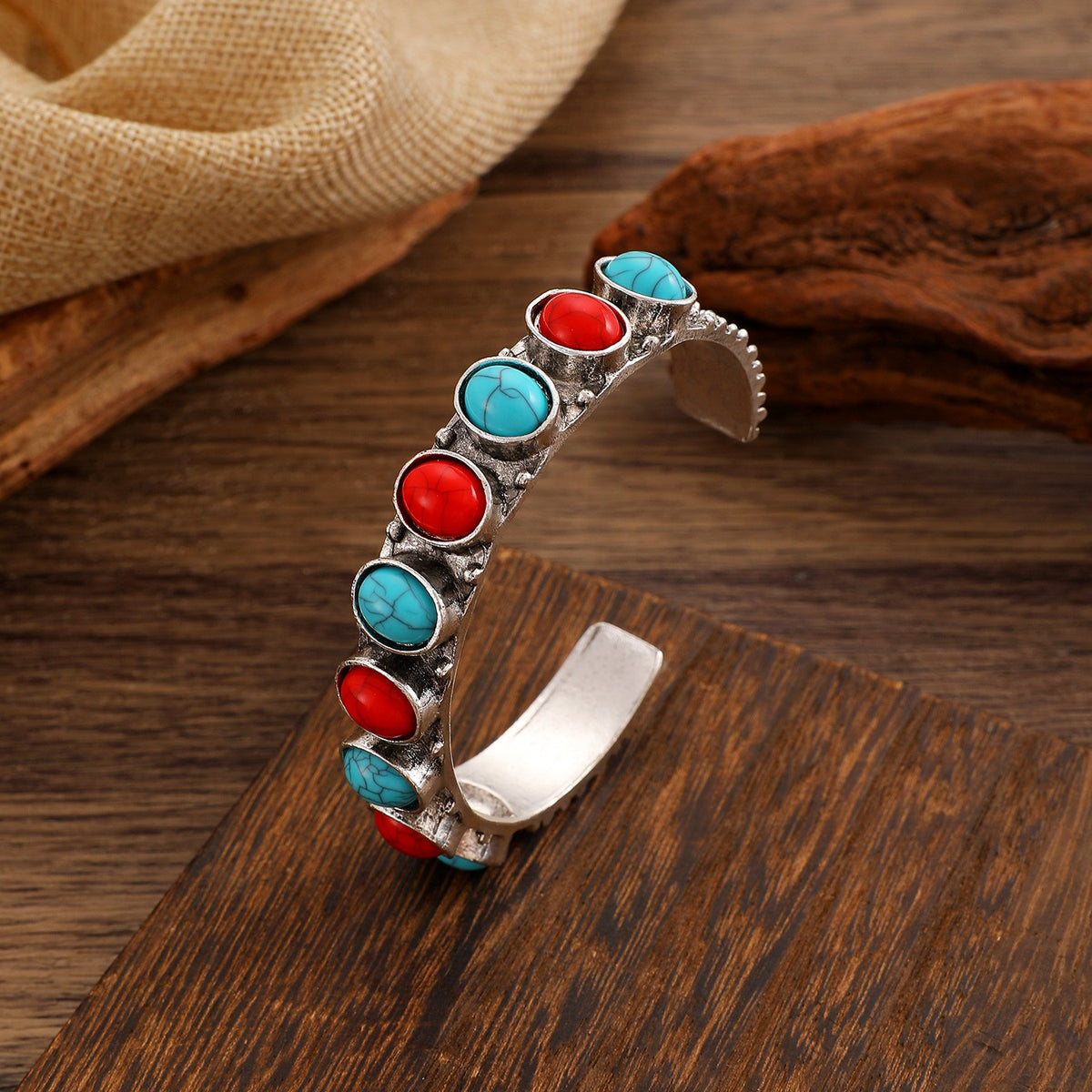 Boho Vintage Turquoise & Red Stone Cuff Bracelet
