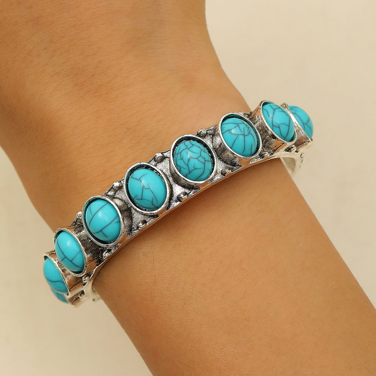 Boho Vintage Turquoise & Red Stone Cuff Bracelet
