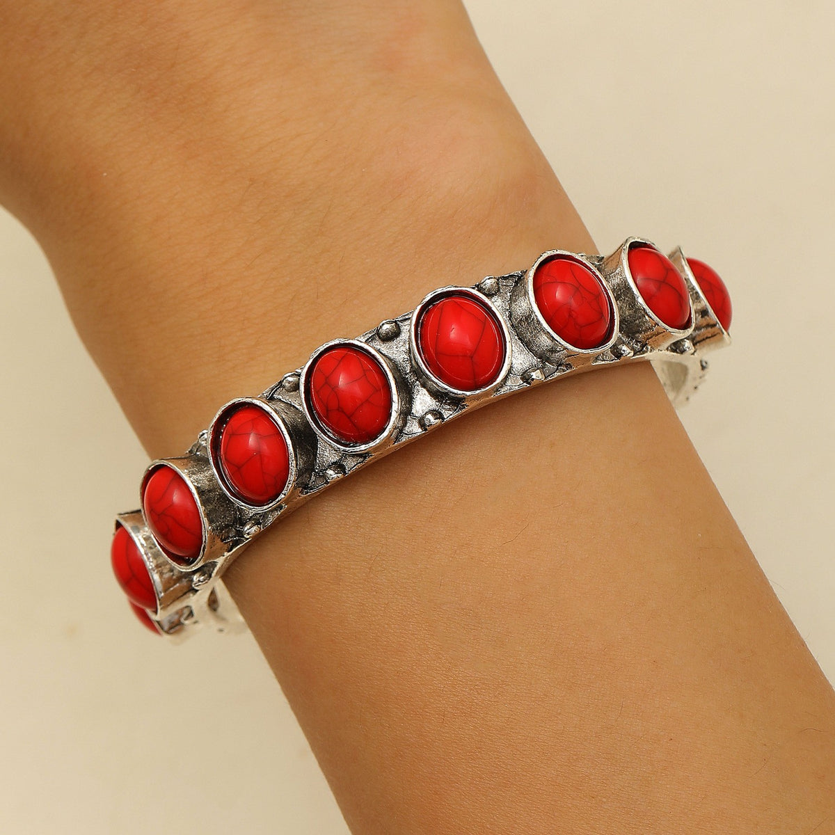 Boho Vintage Turquoise & Red Stone Cuff Bracelet