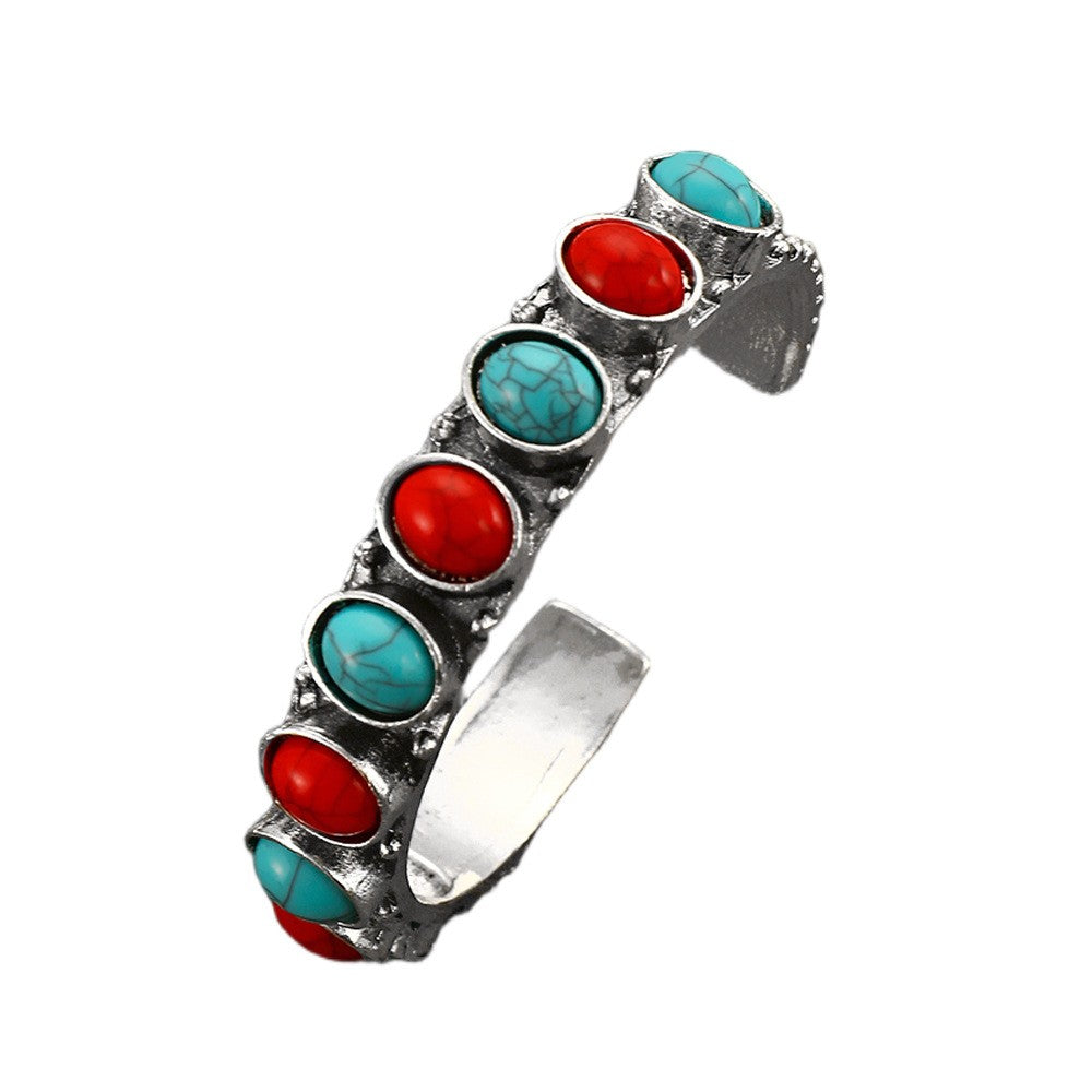 Boho Vintage Turquoise & Red Stone Cuff Bracelet