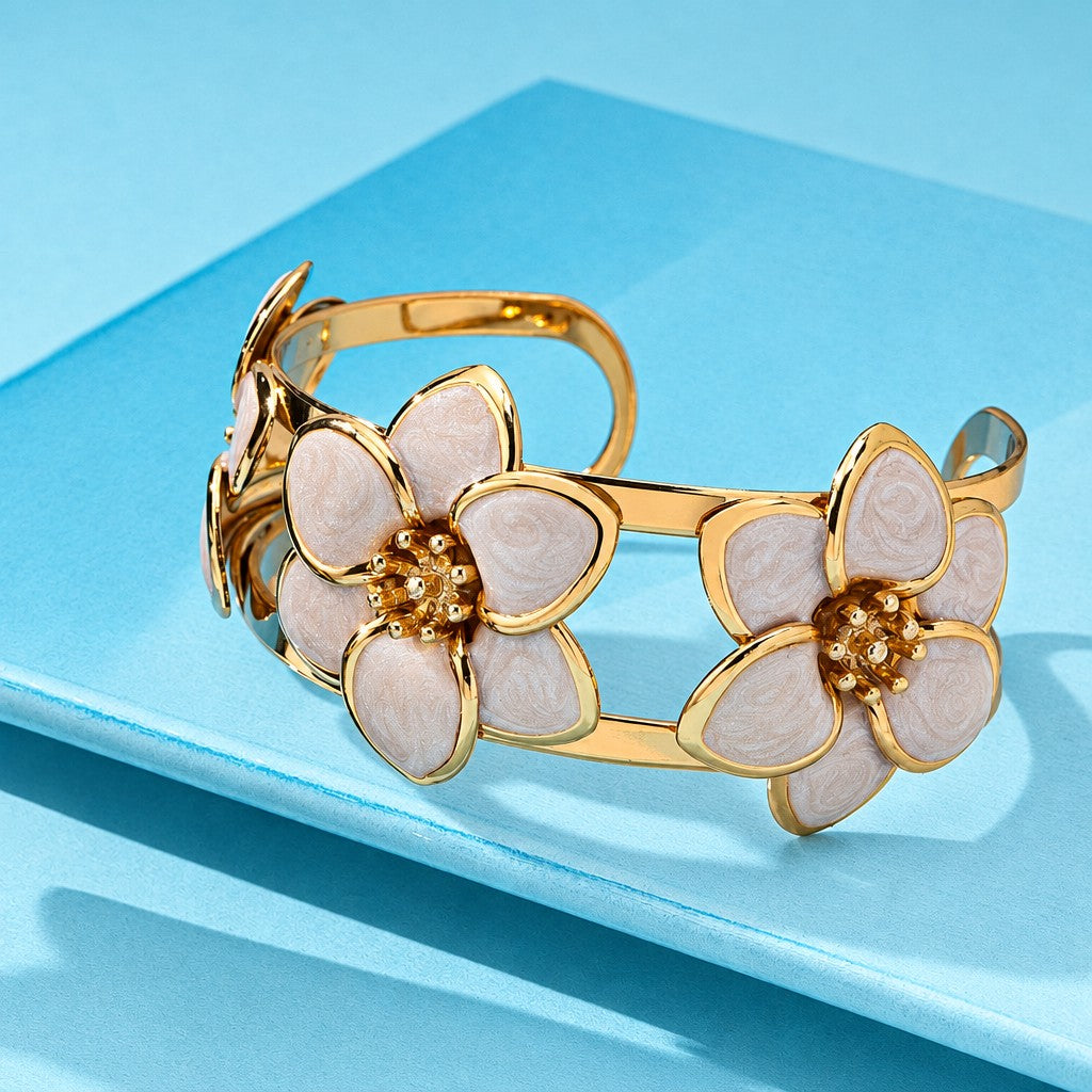 Romantic White Enamel Flower Ring & Bracelet Set