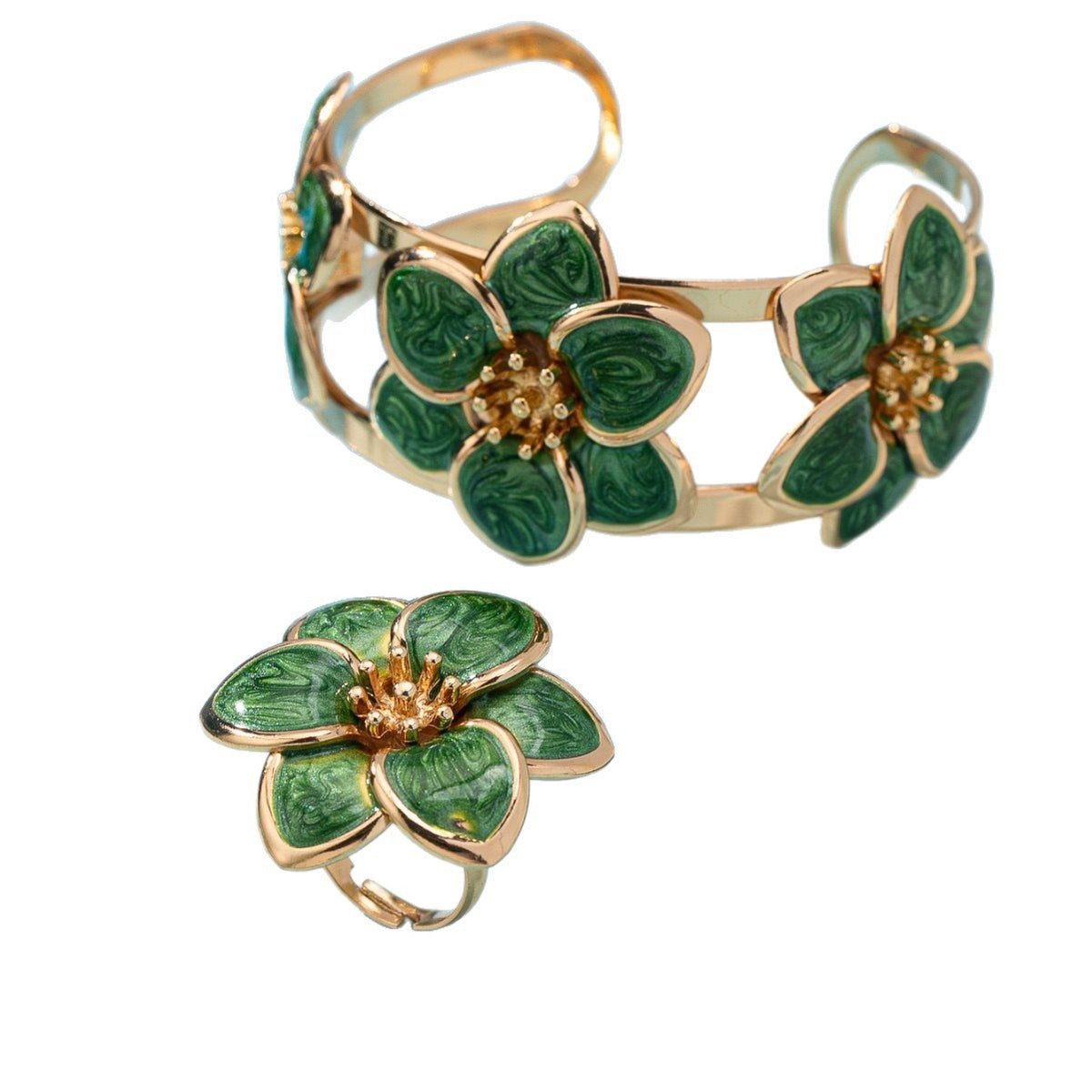 Romantic White Enamel Flower Ring & Bracelet Set