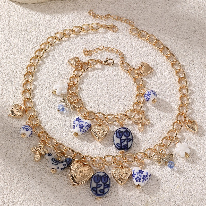 Dainty Blue Floral Ceramic Charm Necklace