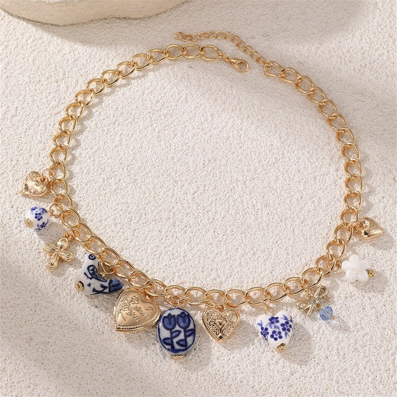 Dainty Blue Floral Ceramic Charm Necklace